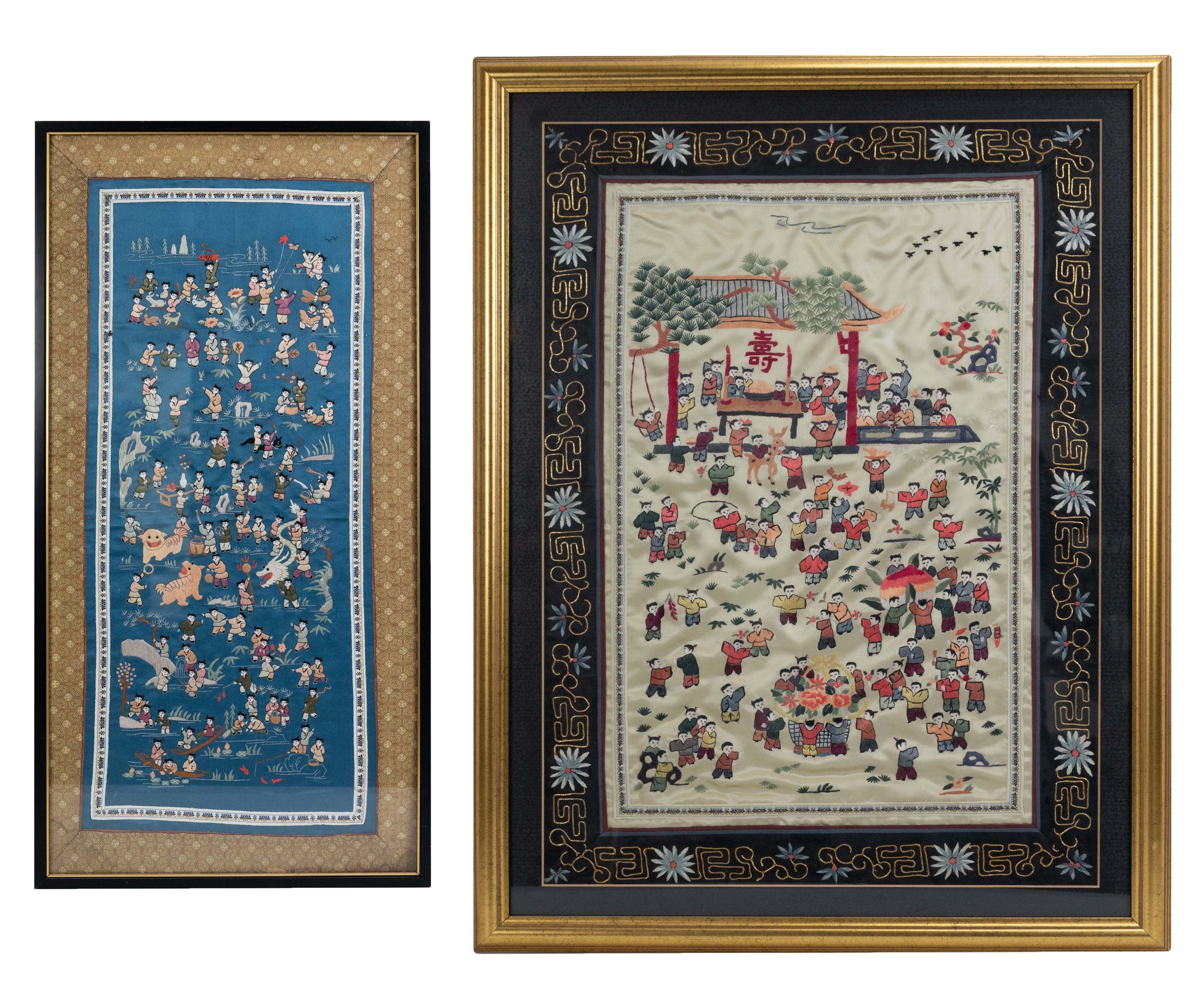 TWO FRAMED CHINESE ONE HUNDRED BOYS TEXTILES, 20TH CENTURY. Each of rectangular form, silk