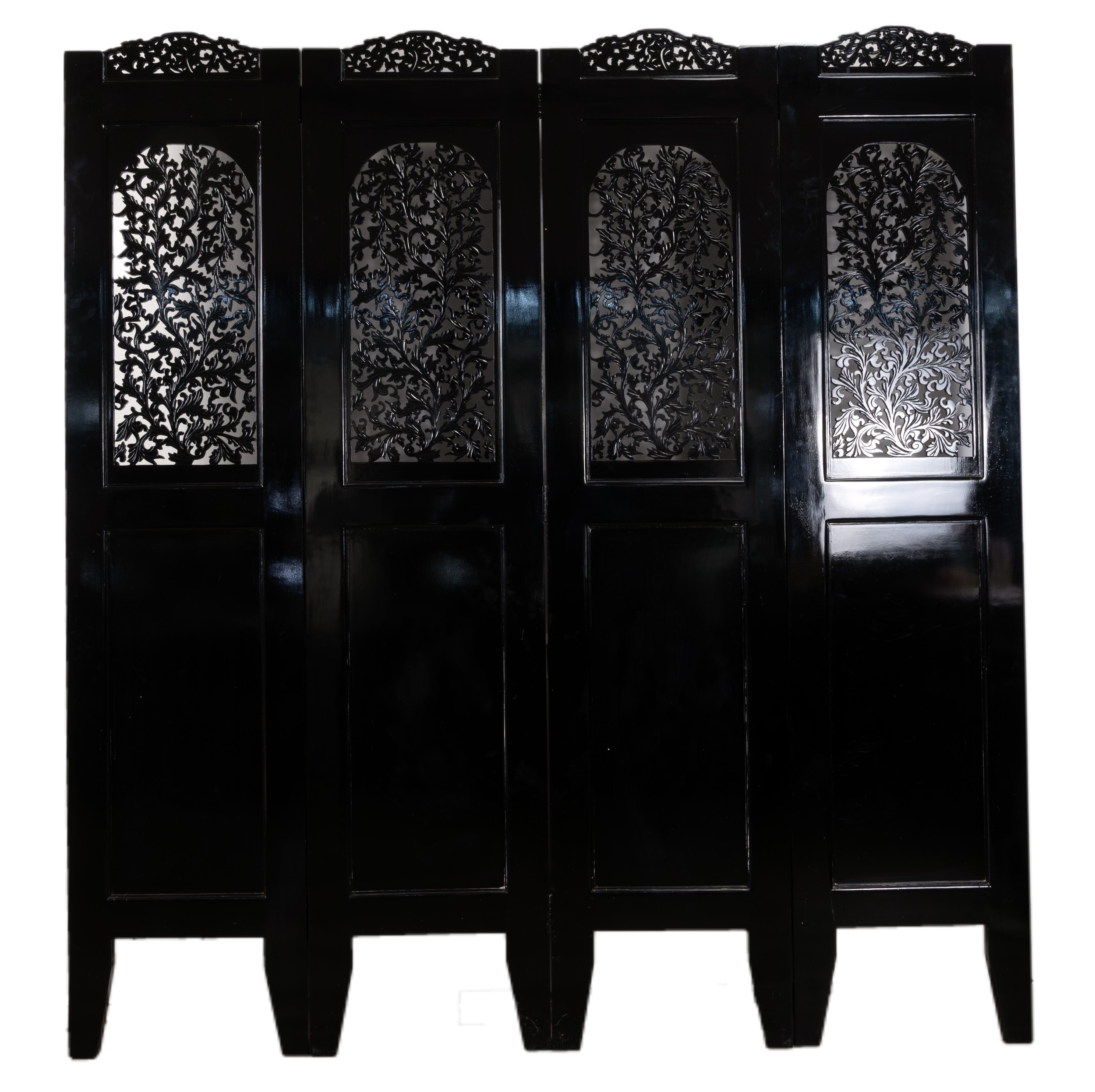 AN EBONISED FOUR PANEL SCREEN, LATE 20TH CENTURY. With pierced leafy scroll sections to the top half - Image 2 of 4