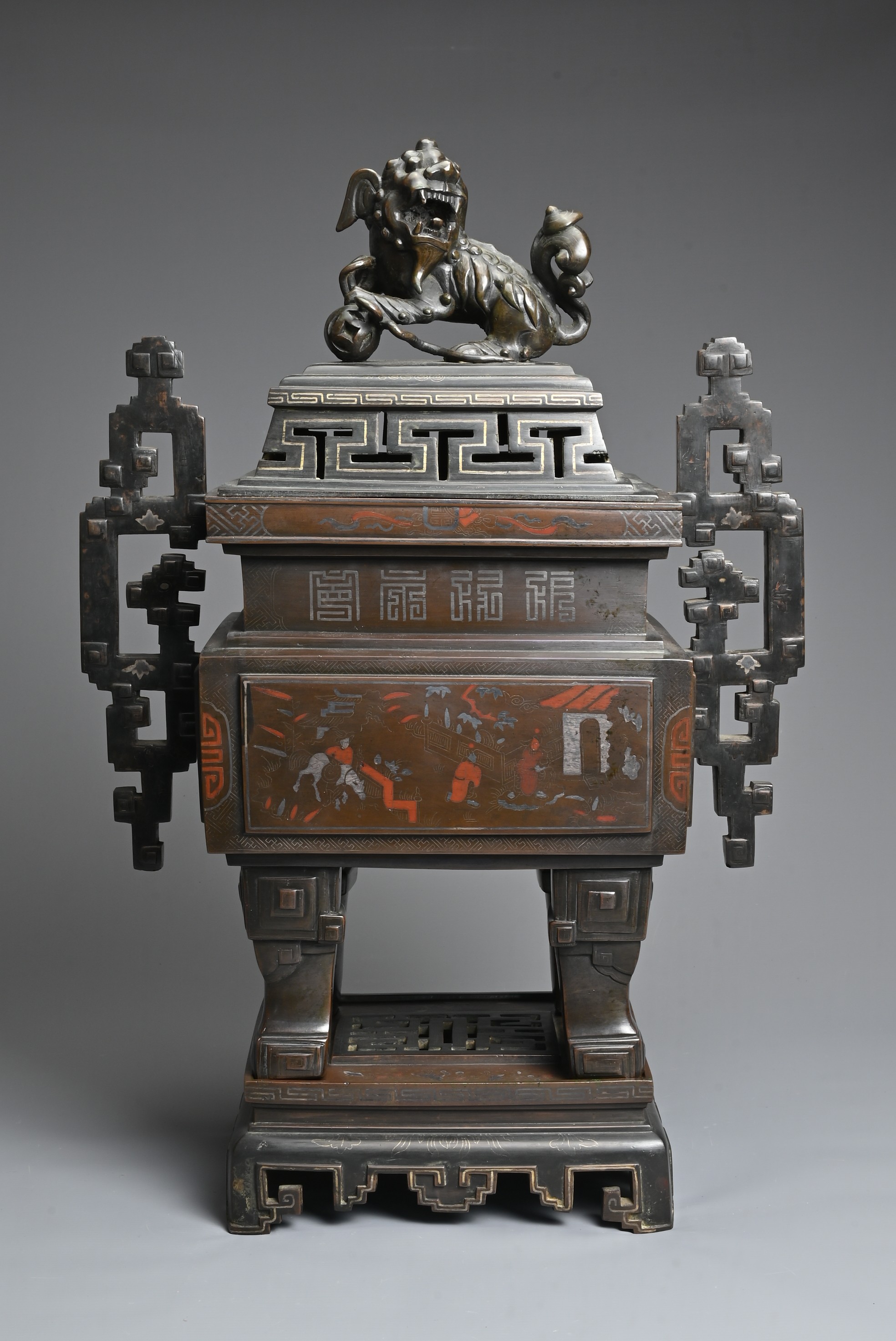 A LARGE AND IMPRESSIVE VIETNAMESE SILVER AND COPPER INLAID BRONZE CENSER ON STAND, 19/20TH - Image 2 of 11