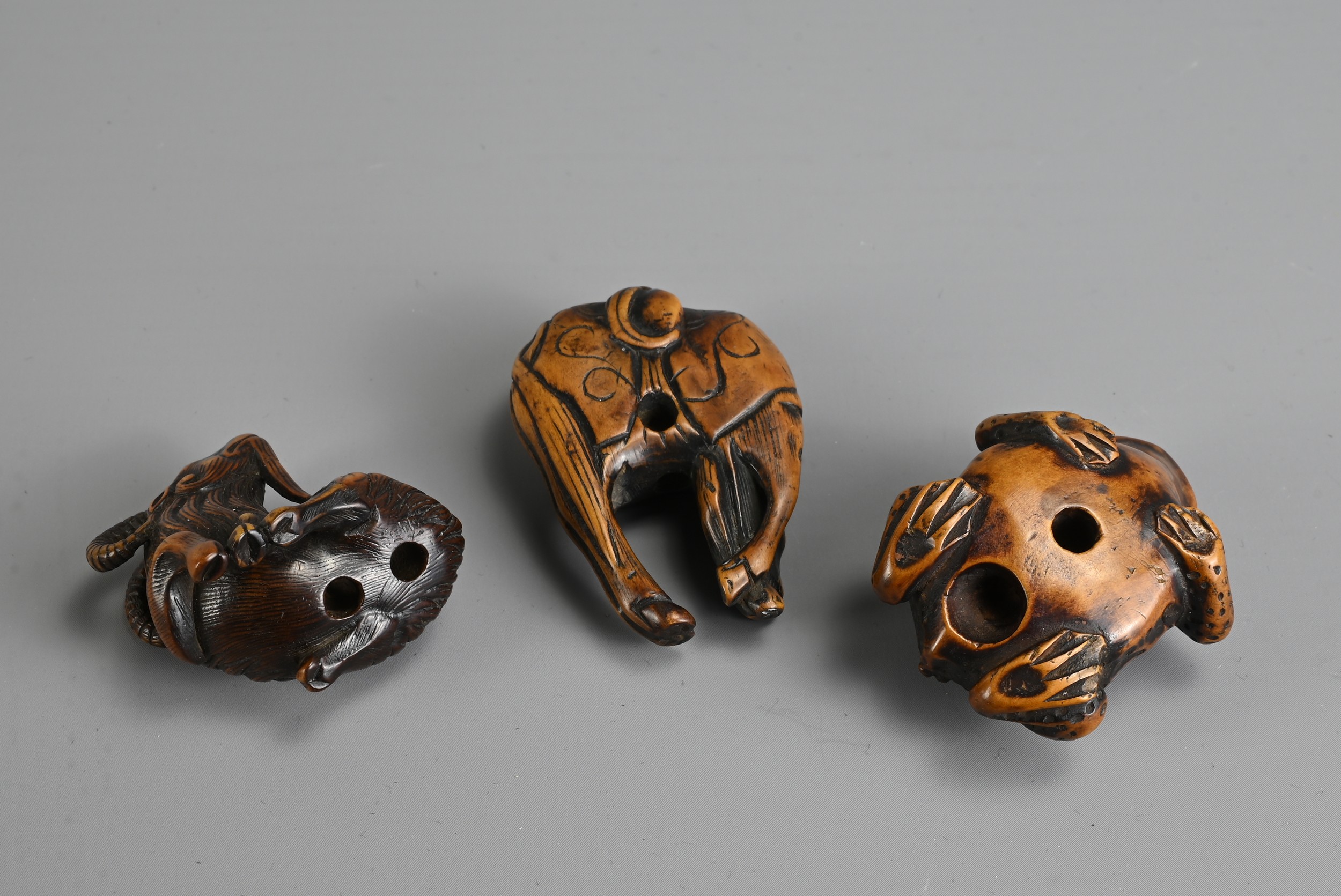 THREE 19TH CENTURY JAPANESE CARVED BOXWOOD NETSUKE. Comprising: a model of a goat, signed Kokei ( - Image 5 of 7