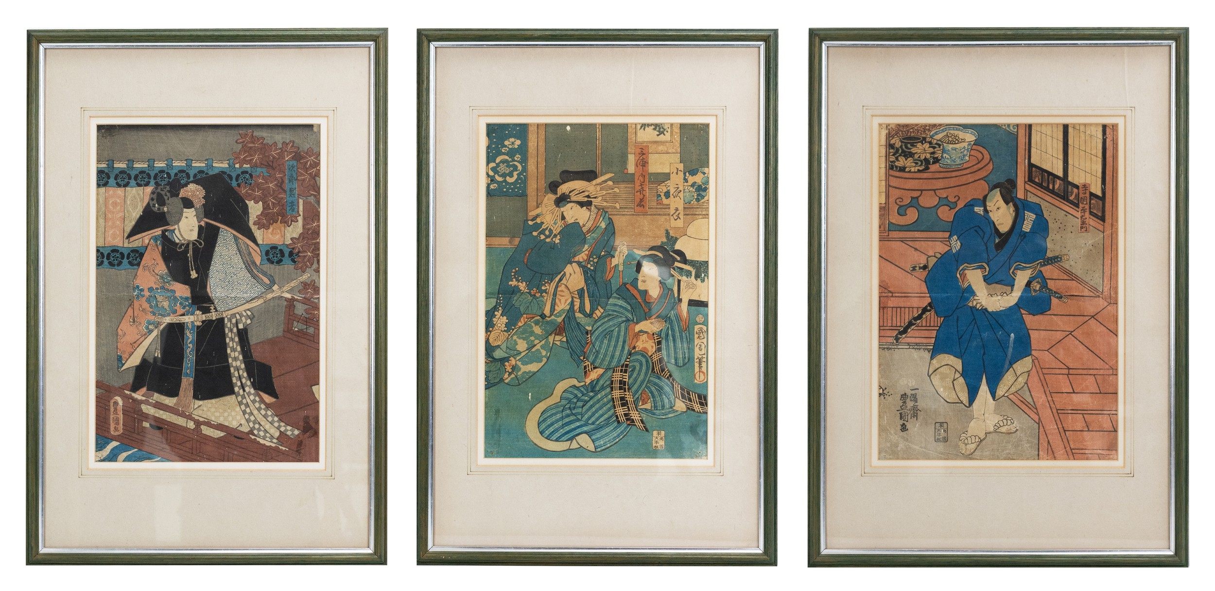 THREE FRAMED JAPANESE WOODBLOCK PRINTS, MEIJI PERIOD. To include UTAGAWA KUNISADA, Teraoka Heiemon - Image 2 of 12