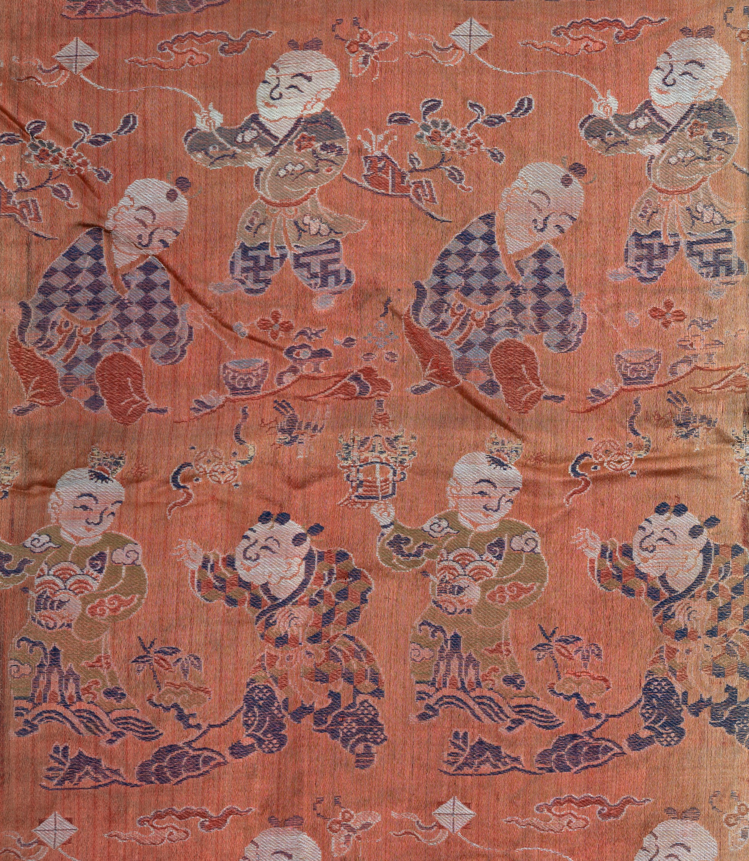 TWO VERY LARGE CHINESE 100 BOYS SILK PANELS, 17/18TH CENTURY. Each depicting rows of boys at play