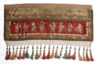 AN EARLY 20TH CENTURY CHINESE EMBROIDERED SILK RED-GROUND TASSELLED HANGING. Embroidered with