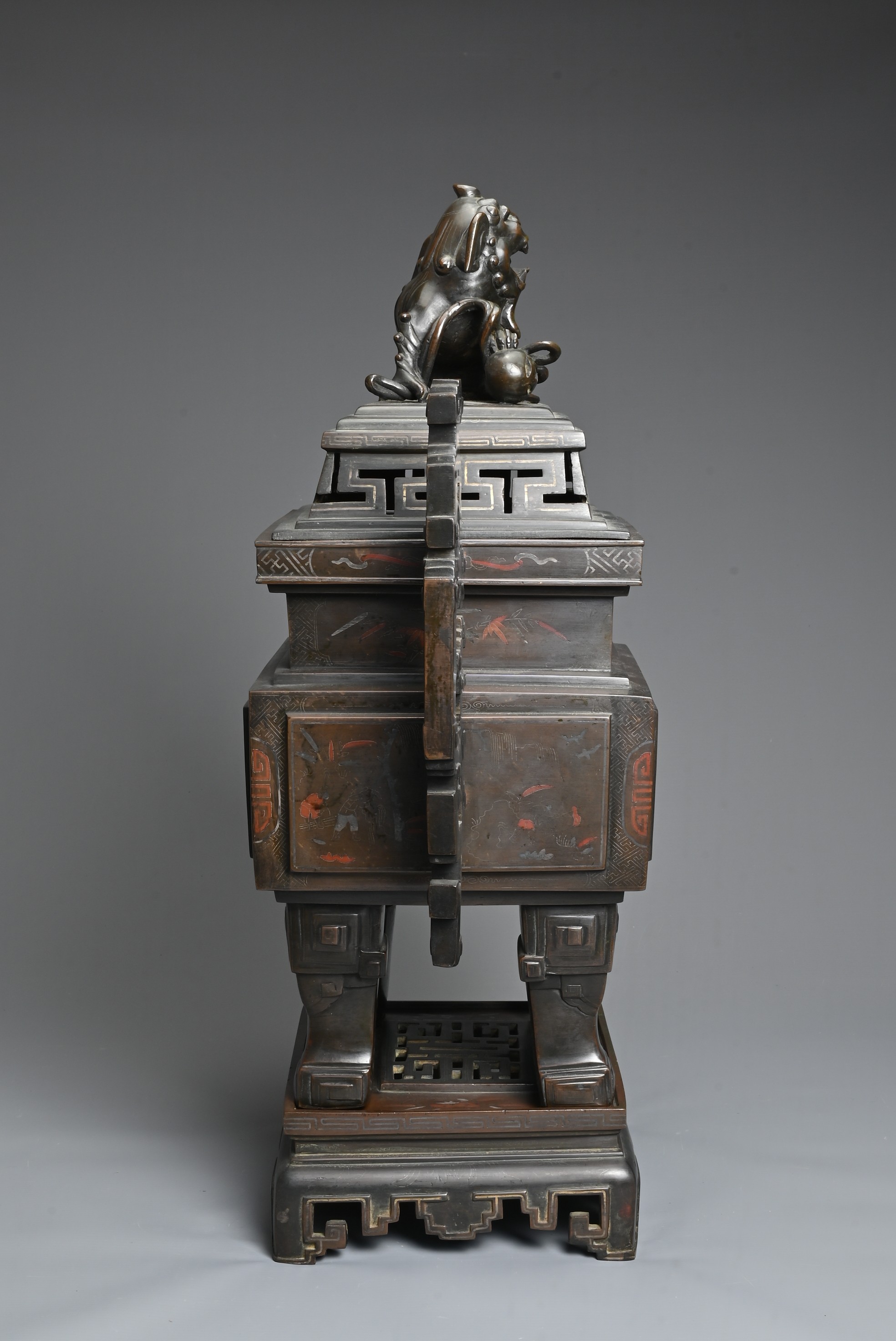 A LARGE AND IMPRESSIVE VIETNAMESE SILVER AND COPPER INLAID BRONZE CENSER ON STAND, 19/20TH - Image 8 of 11