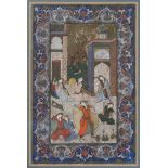 A 19TH CENTURY PERSIAN MANUSCRIPT. Depicting a dancer and musicians within an interior, within a