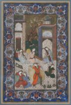 A 19TH CENTURY PERSIAN MANUSCRIPT. Depicting a dancer and musicians within an interior, within a