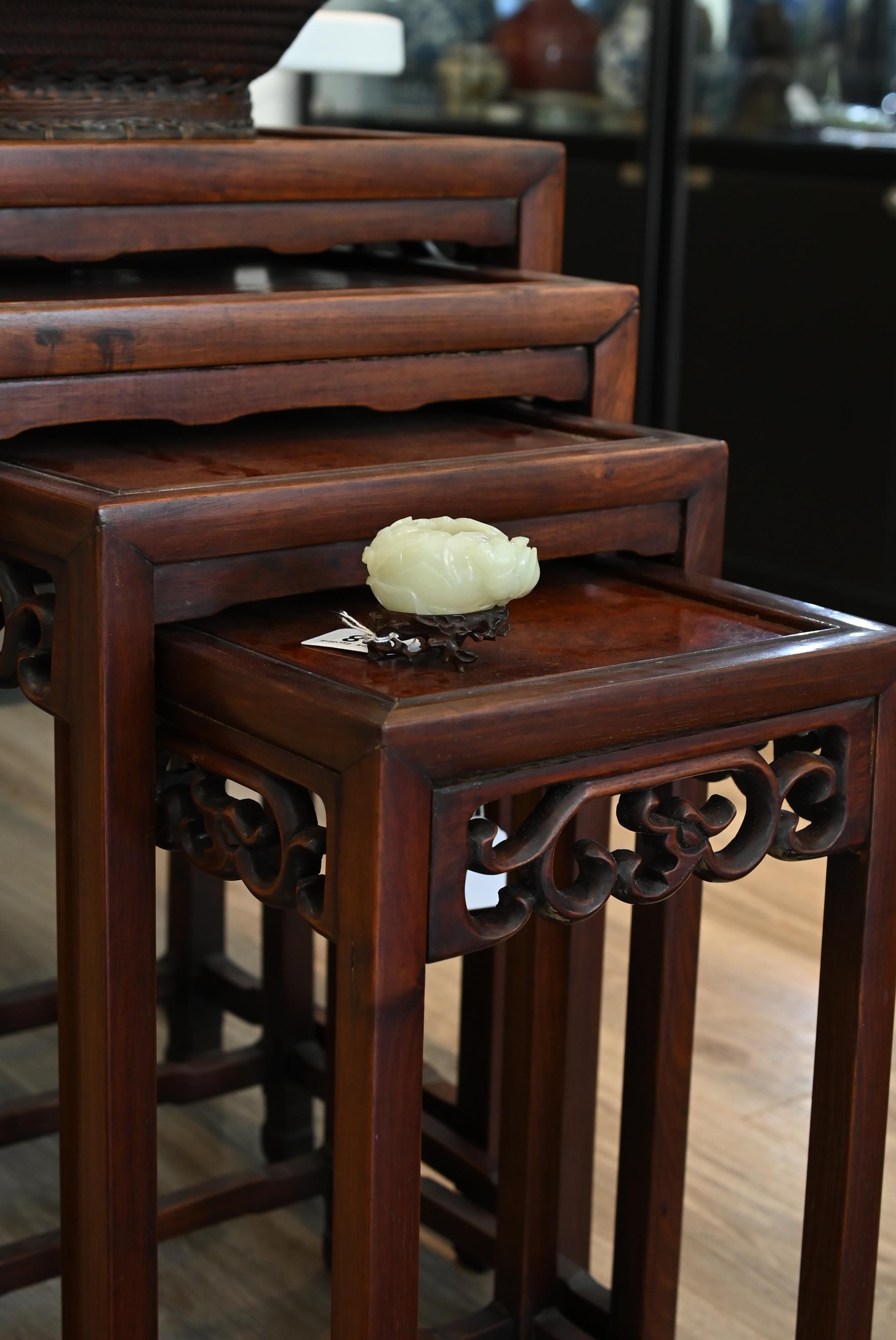 A CHINESE PALE CELADON JADE BRUSH WASHER ON WOODEN STAND, QING DYNASTY. Carved in the form of a - Image 26 of 29