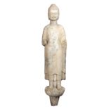 A LARGE CHINESE CARVED WHITE MARBLE FIGURE OF BUDDHA. The figure standing dressed in robes on a