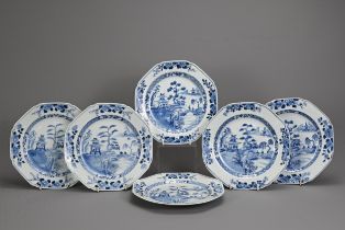 A SET OF CHINESE BLUE AND WHITE PORCELAIN DISHES, 18TH CENTURY. Octagonal lobed dishes decorated