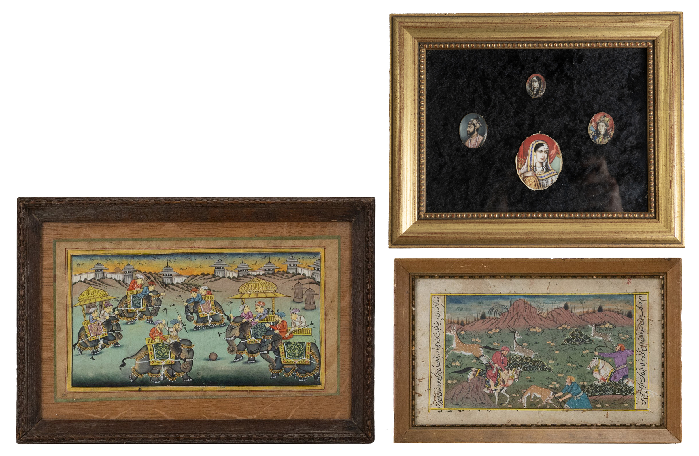 FRAMED INDIAN MINIATURES, LATE 19TH CENTURY. Two gouache on paper, the first with a deer hunt,