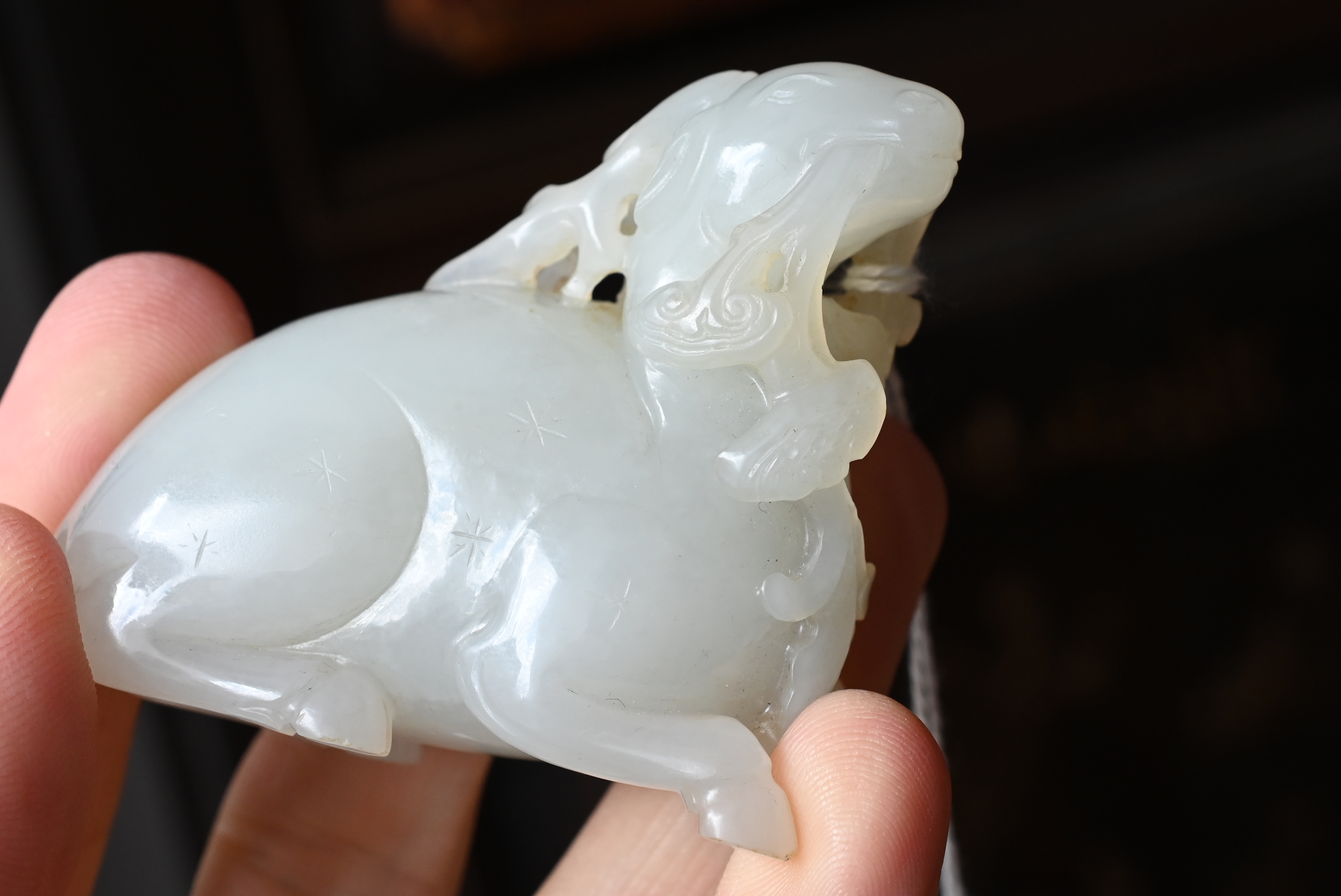 A CHINESE WHITE JADE CARVING OF A DEER, QING DYNASTY. Carved and pierced in the form of a - Image 9 of 16