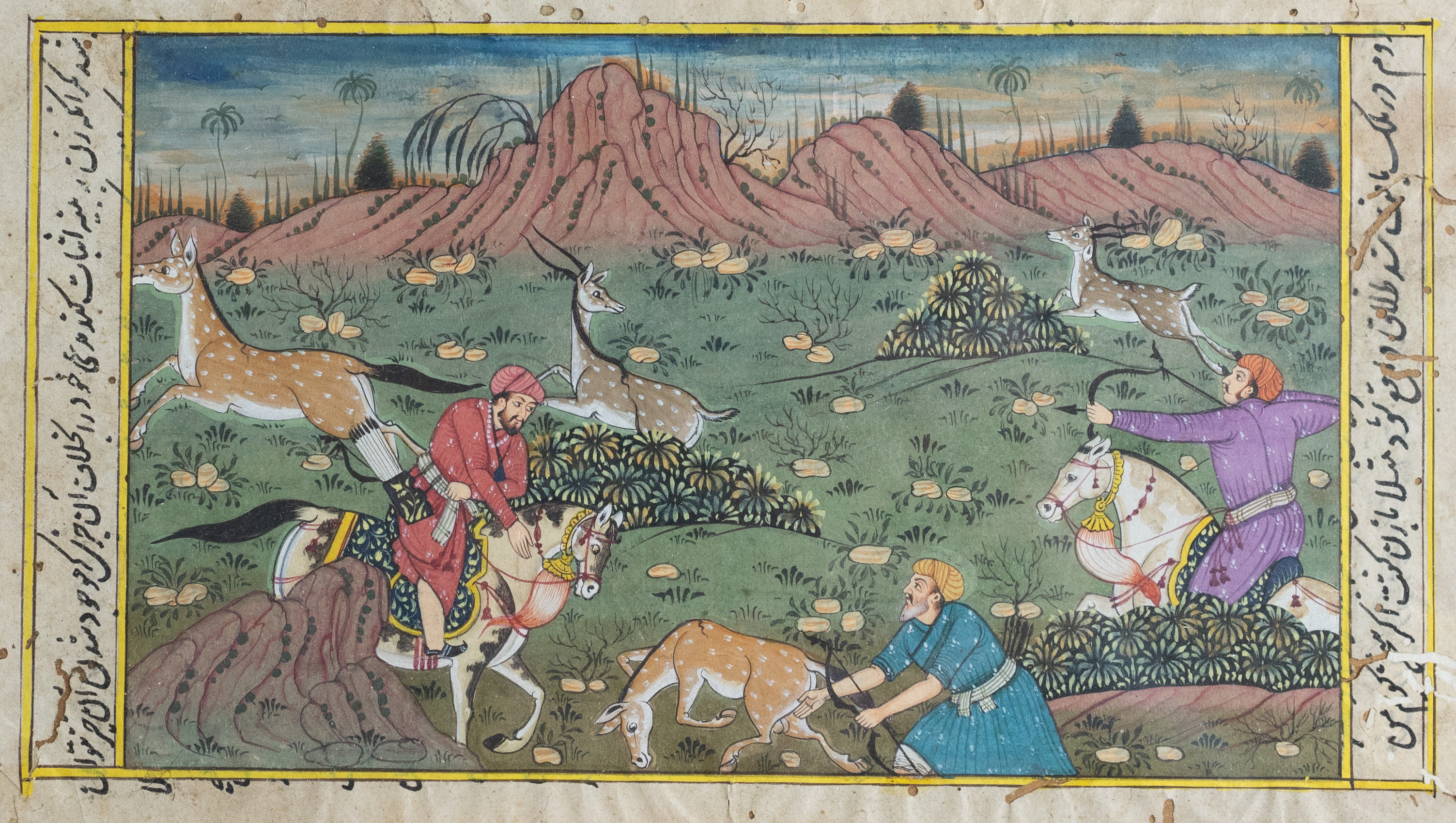 FRAMED INDIAN MINIATURES, LATE 19TH CENTURY. Two gouache on paper, the first with a deer hunt, - Bild 3 aus 14