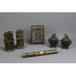 A GROUP OF ASIAN ITEMS, 20TH CENTURY. To include a Tibetan Buddhist scroll holder; A large pair of