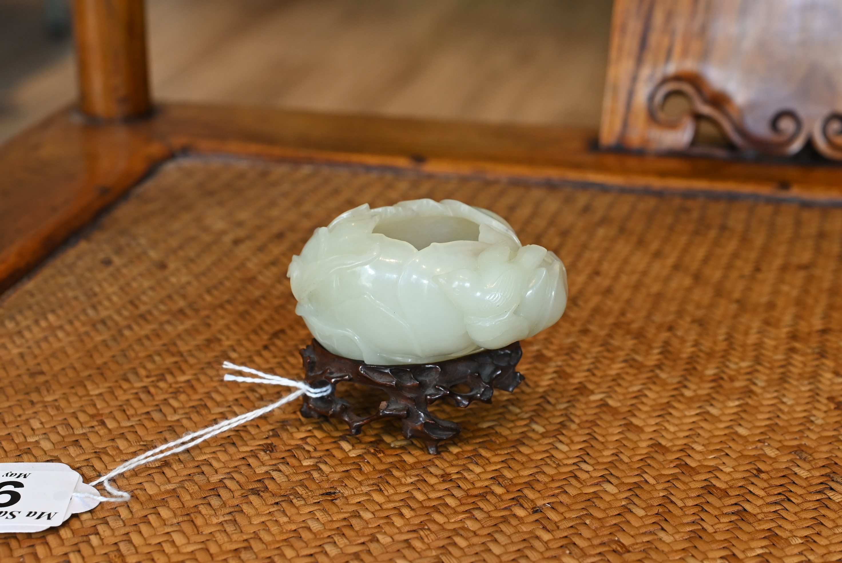 A CHINESE PALE CELADON JADE BRUSH WASHER ON WOODEN STAND, QING DYNASTY. Carved in the form of a - Image 10 of 29