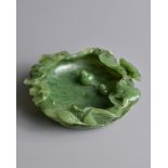 A FINE CHINESE SPINACH GREEN JADE BRUSH WASHER, QING DYNASTY. Finely carved shallow brush washer