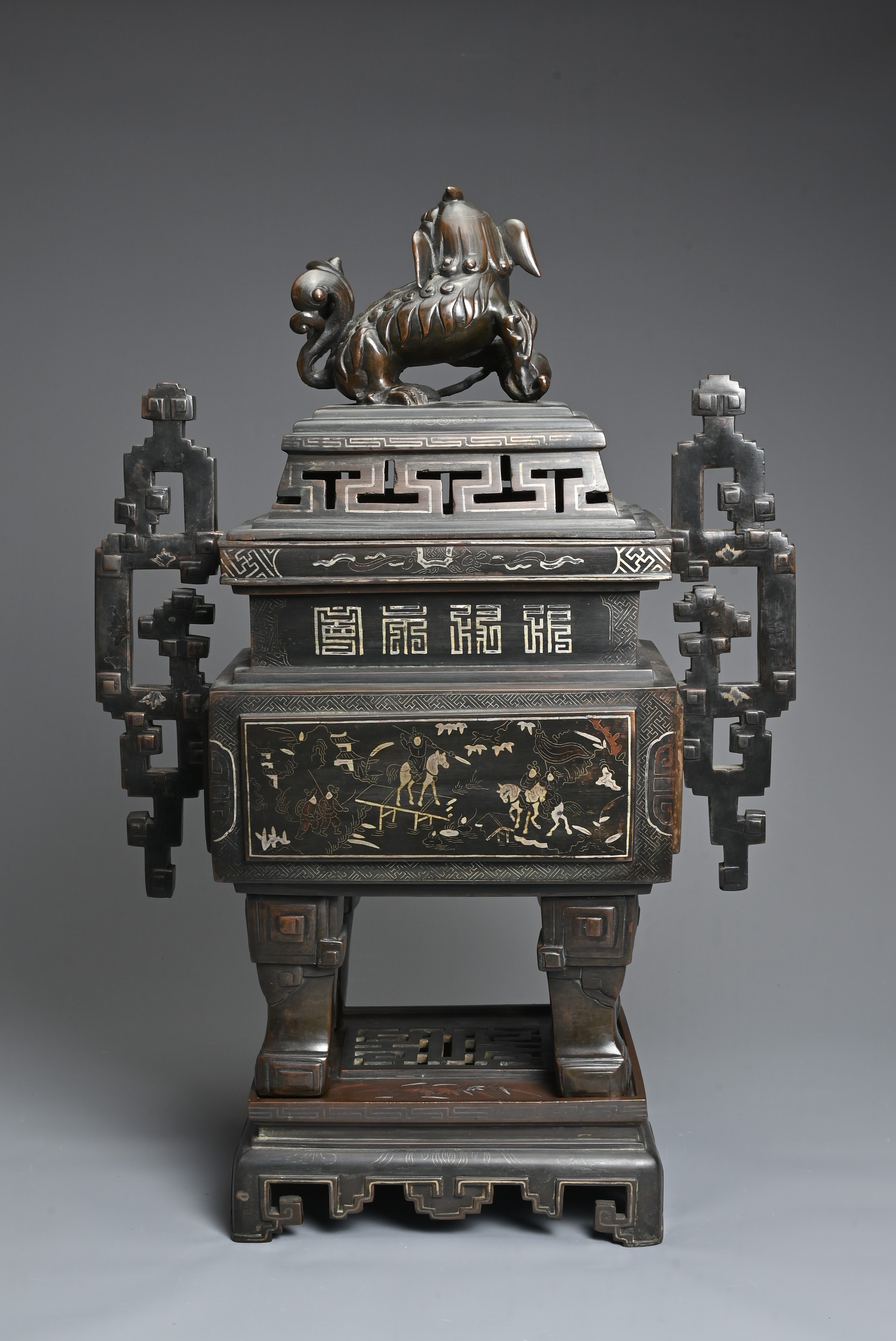 A LARGE AND IMPRESSIVE VIETNAMESE SILVER AND COPPER INLAID BRONZE CENSER ON STAND, 19/20TH - Image 9 of 11