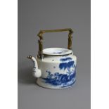 A CHINESE BLUE AND WHITE PORCELAIN TEAPOT, 18/19TH CENTURY. With added brass mounts and handle.