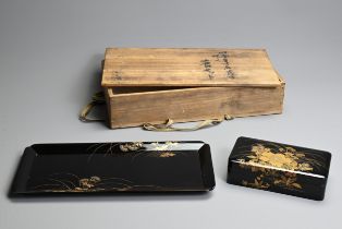 AN EARLY 20TH CENTURY JAPANESE LACQUER RECTANGULAR BOX AND TRAY BY HEIAN ZOHIKO. Decorated with