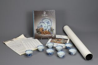 EIGHT CHINESE BLUE AND WHITE NANKING CARGO PORCELAIN TEA BOWLS, 18TH CENTURY, WITH SIGNED COPY OF