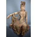 A VERY LARGE PAINTED WOOD FIGURE OF WATER MOON GUANYIN, MING / QING DYNASTY. The Bodhisattva