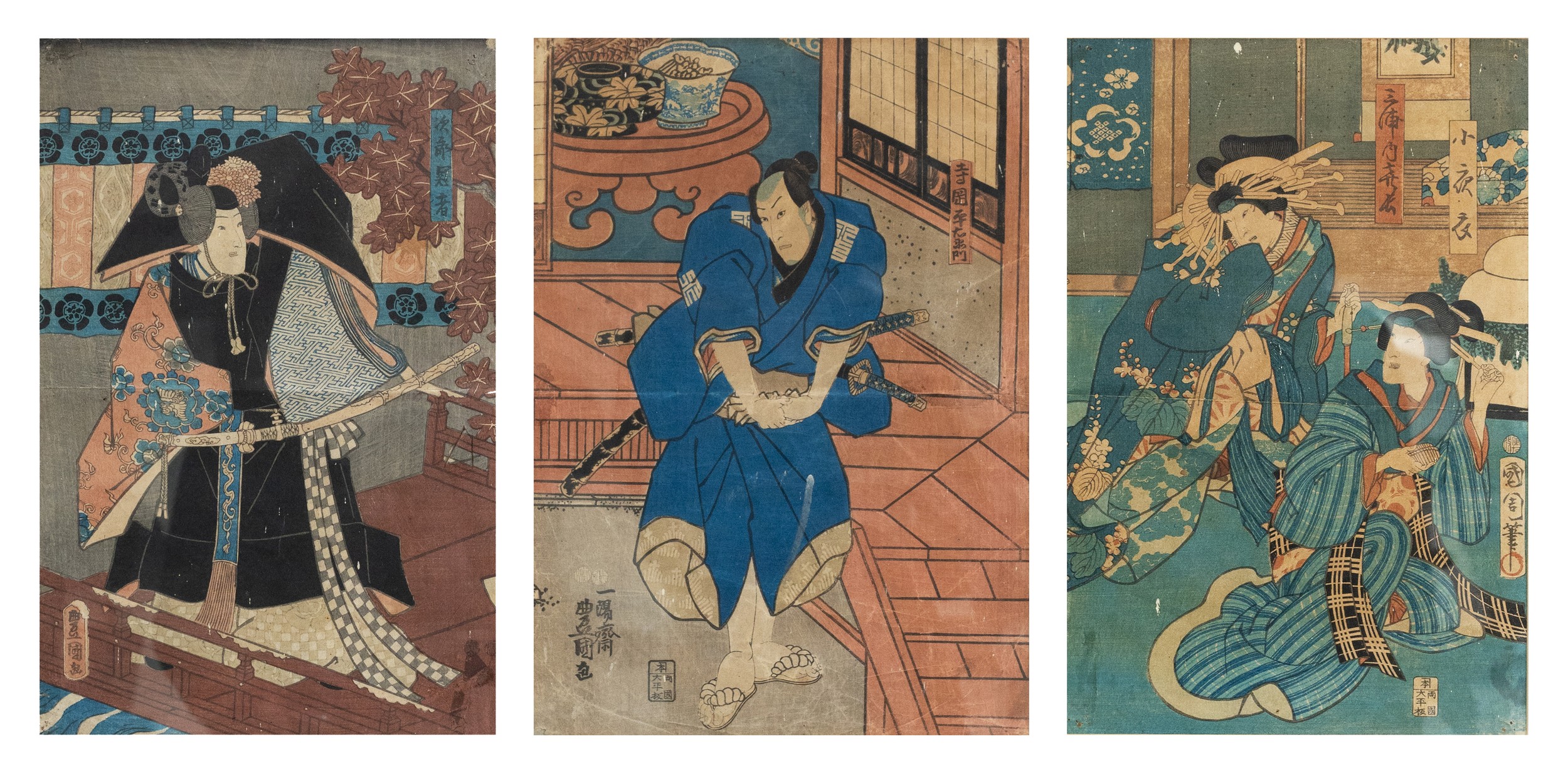 THREE FRAMED JAPANESE WOODBLOCK PRINTS, MEIJI PERIOD. To include UTAGAWA KUNISADA, Teraoka Heiemon