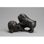 AN EARLY 20TH CENTURY JAPANESE BRONZE OF TWO PUPPIES PLAYING. Signed Tokutani with seal mark to