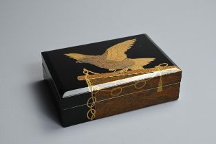 AN EARLY 20TH CENTURY JAPANESE LACQUER LETTER BOX (FUBAKO). Decorated in silver and gold takamaki-