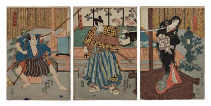 JAPANESE WOODBLOCK PRINTS, TRIPTYCH, UTAGAWA KUNISADA, MEIJI PERIOD. Scene from Kabuki play