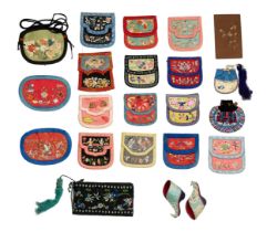 A COLLECTION OF 20TH CENTURY CHINESE EMBROIDERED SILK PURSES AND A PAIR OF EARLY 20TH CENTURY