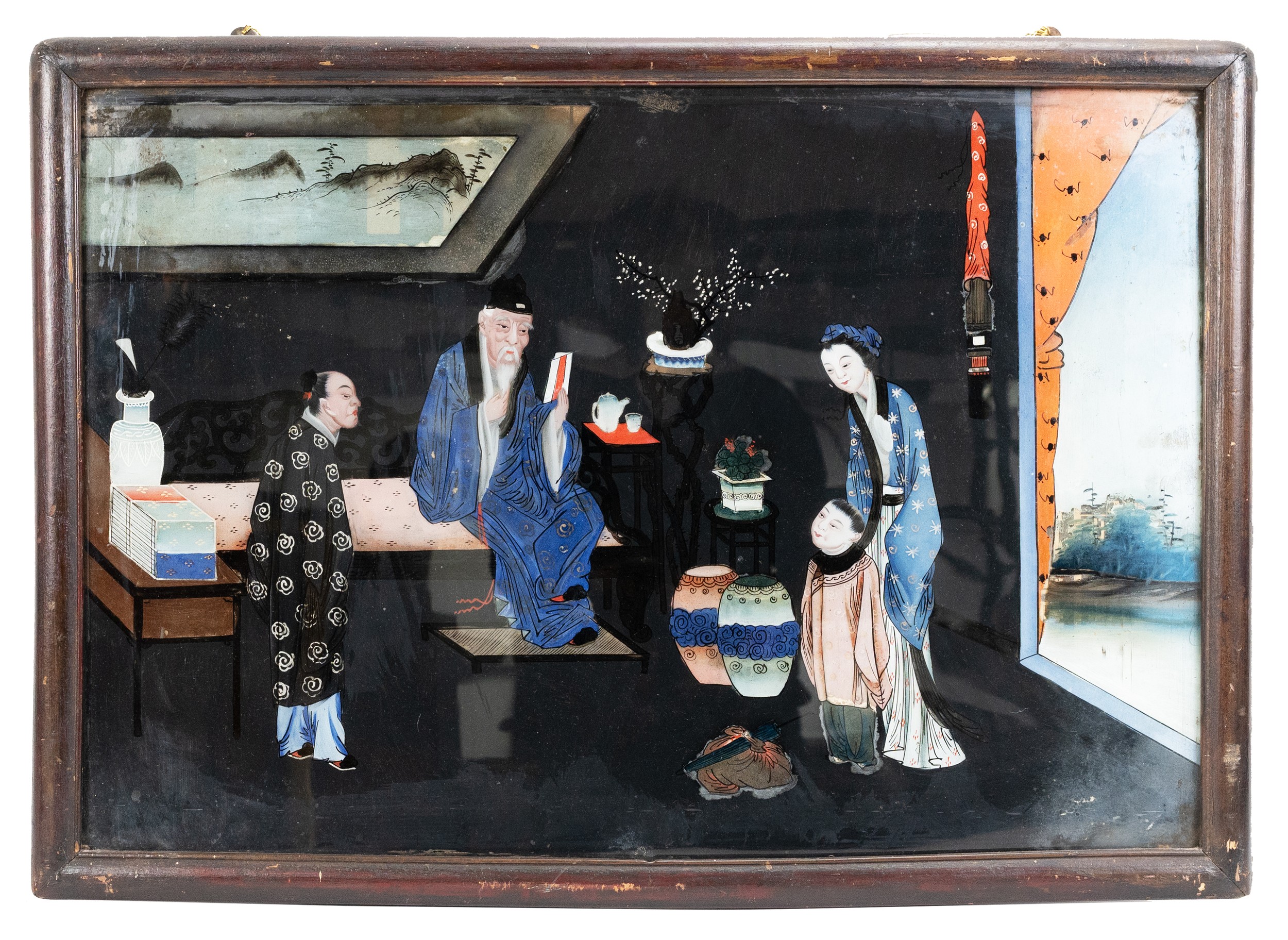 A LARGE CHINESE FRAMED REVISE GLASS PAINTING, LATE 19TH CENTURY. Depicting a boy with his mother - Image 2 of 3