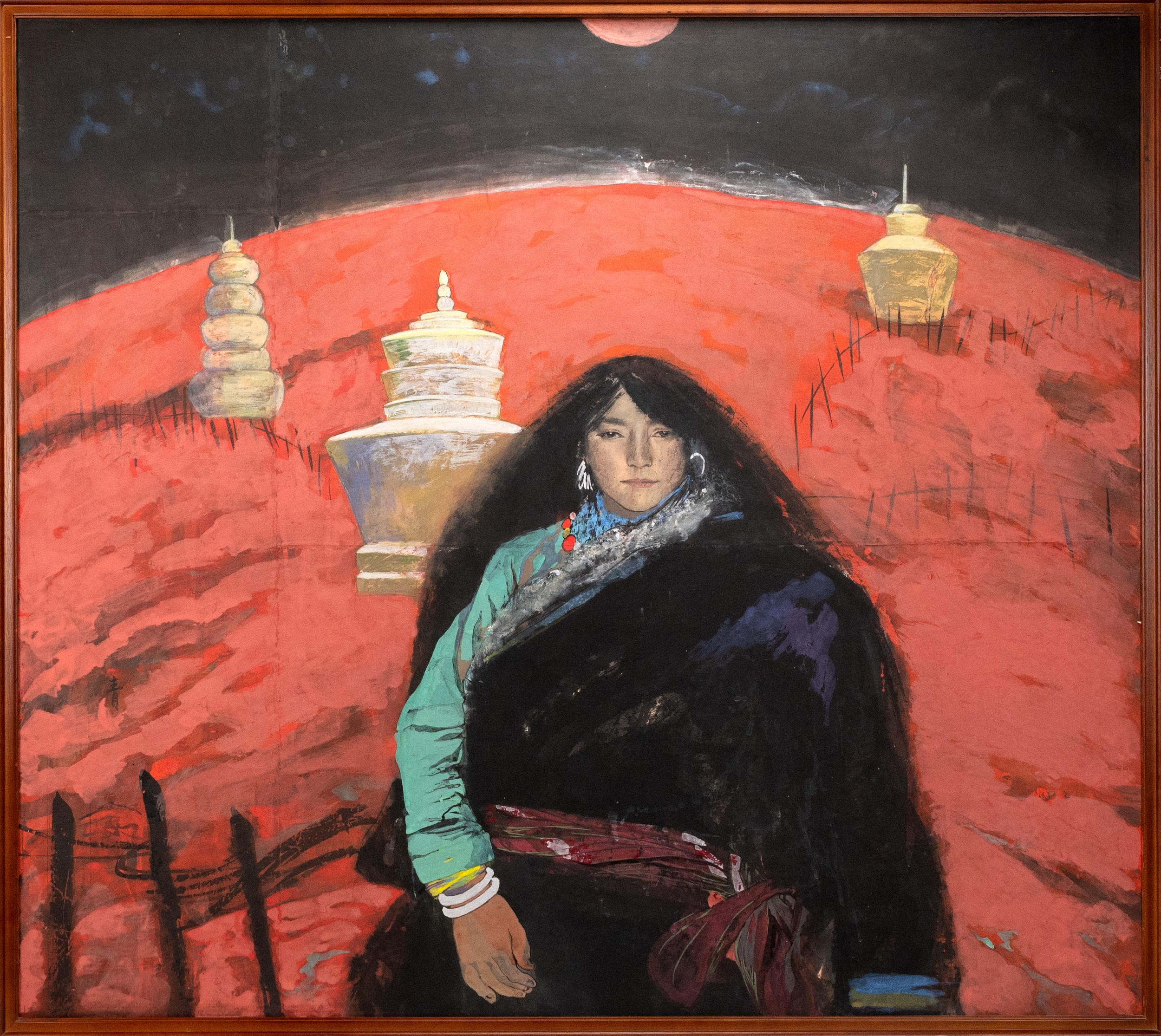 WANG QING, SHANGHAI CHINA, TIBETAN GIRL, DATE 1990. Oil on board, in wood frame. Signed lower - Image 4 of 7