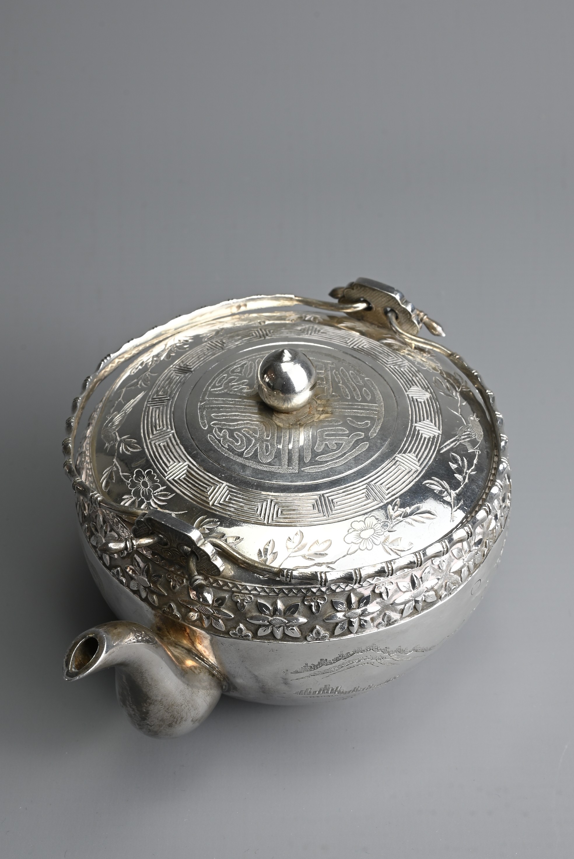 A FINE CHINESE SILVER TEAPOT, NANKING BAO QING, CIRCA 1900. Of globular form with two faux bamboo - Image 5 of 8