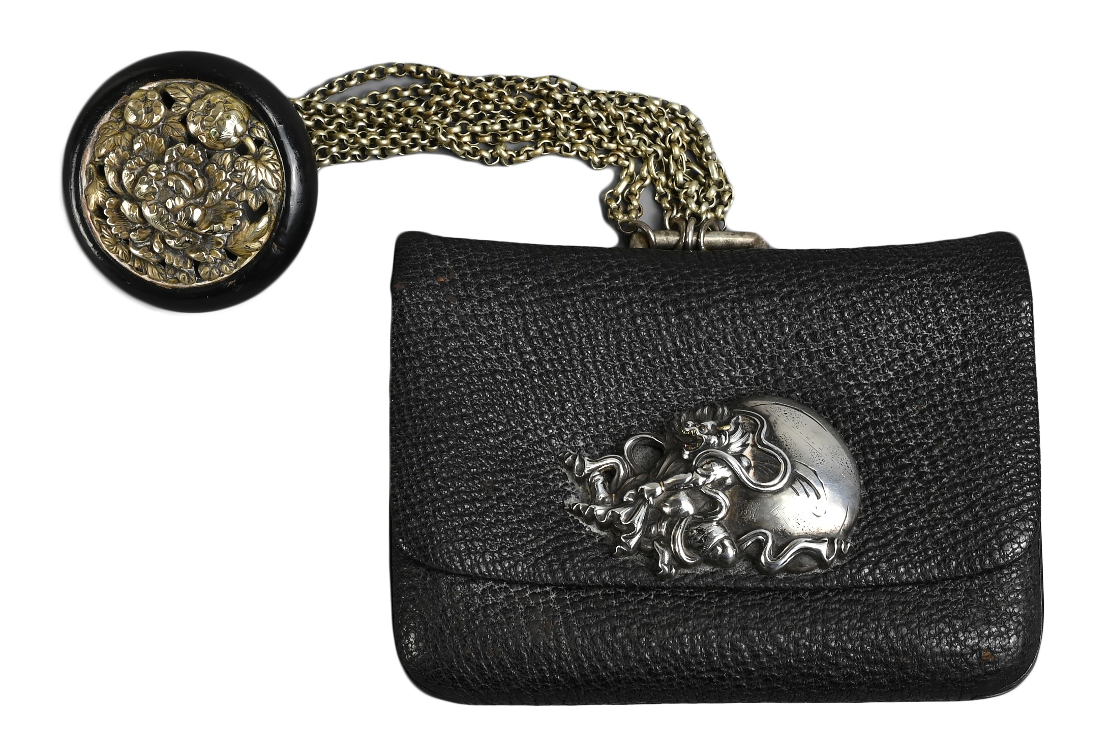 A JAPANESE MEIJI PERIOD (1868-1912) BLACK LEATHER COIN POUCH (FUKURO) WITH SILVER-COLOURED METAL