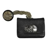 A JAPANESE MEIJI PERIOD (1868-1912) BLACK LEATHER COIN POUCH (FUKURO) WITH SILVER-COLOURED METAL