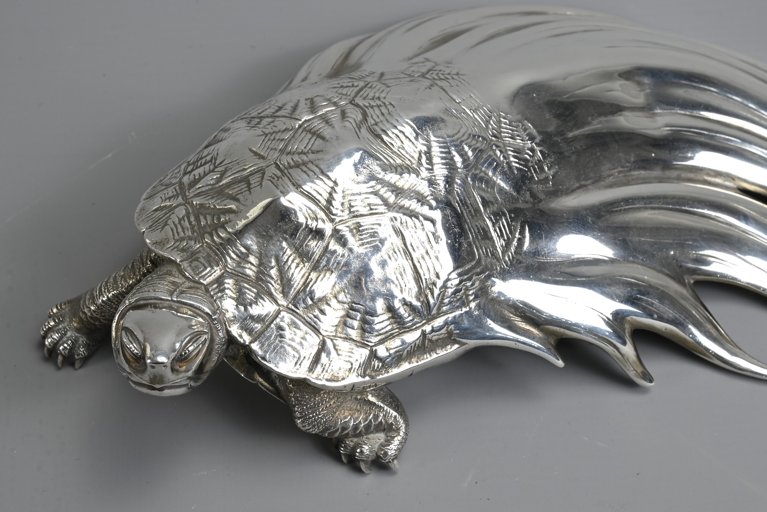 A 20TH CENTURY JAPANESE SILVER OKIMONO OF A MINOGAME. The mythical turtle depicted with a typical - Image 4 of 8
