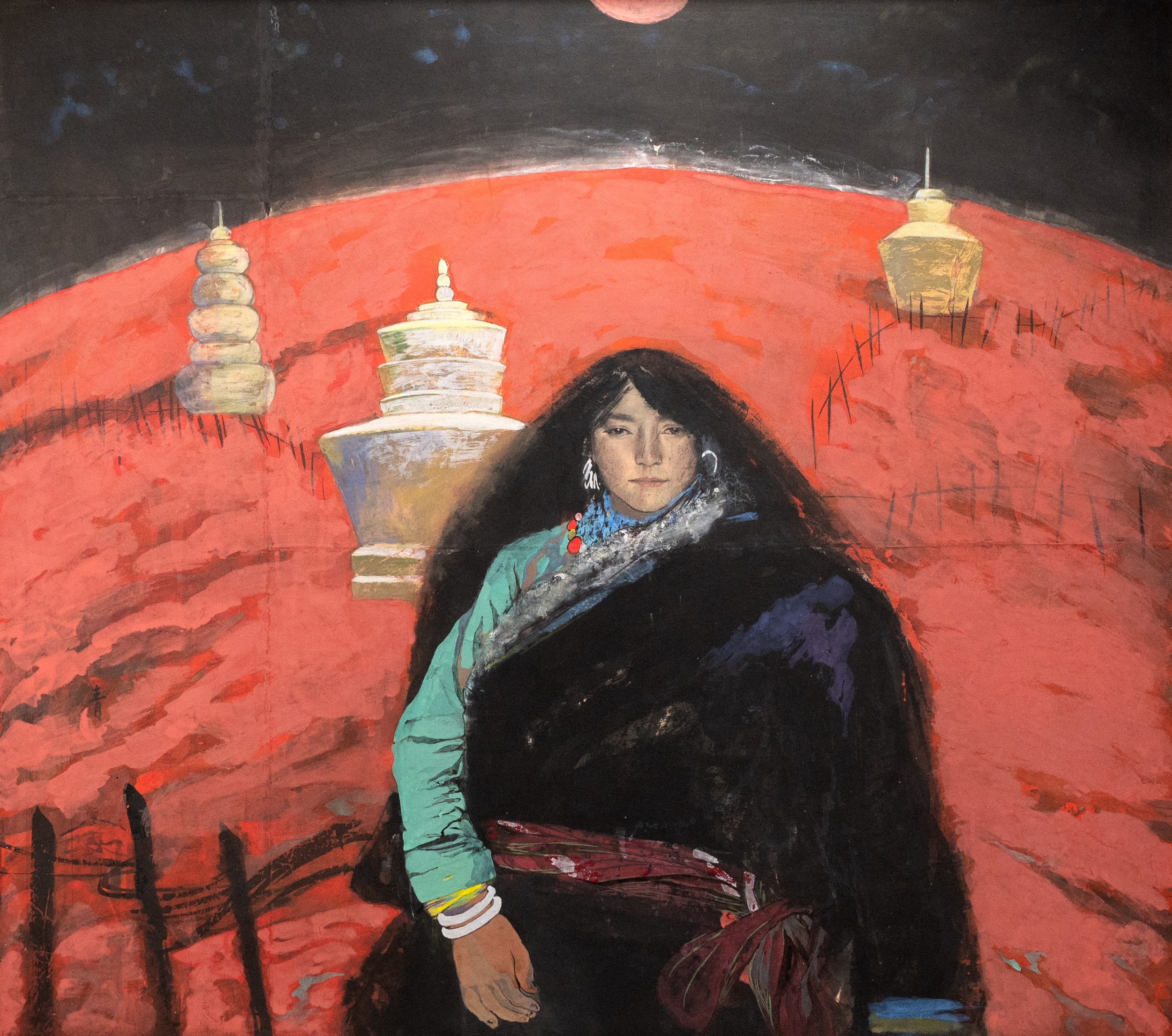 WANG QING, SHANGHAI CHINA, TIBETAN GIRL, DATE 1990. Oil on board, in wood frame. Signed lower