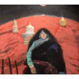 WANG QING, SHANGHAI CHINA, TIBETAN GIRL, DATE 1990. Oil on board, in wood frame. Signed lower