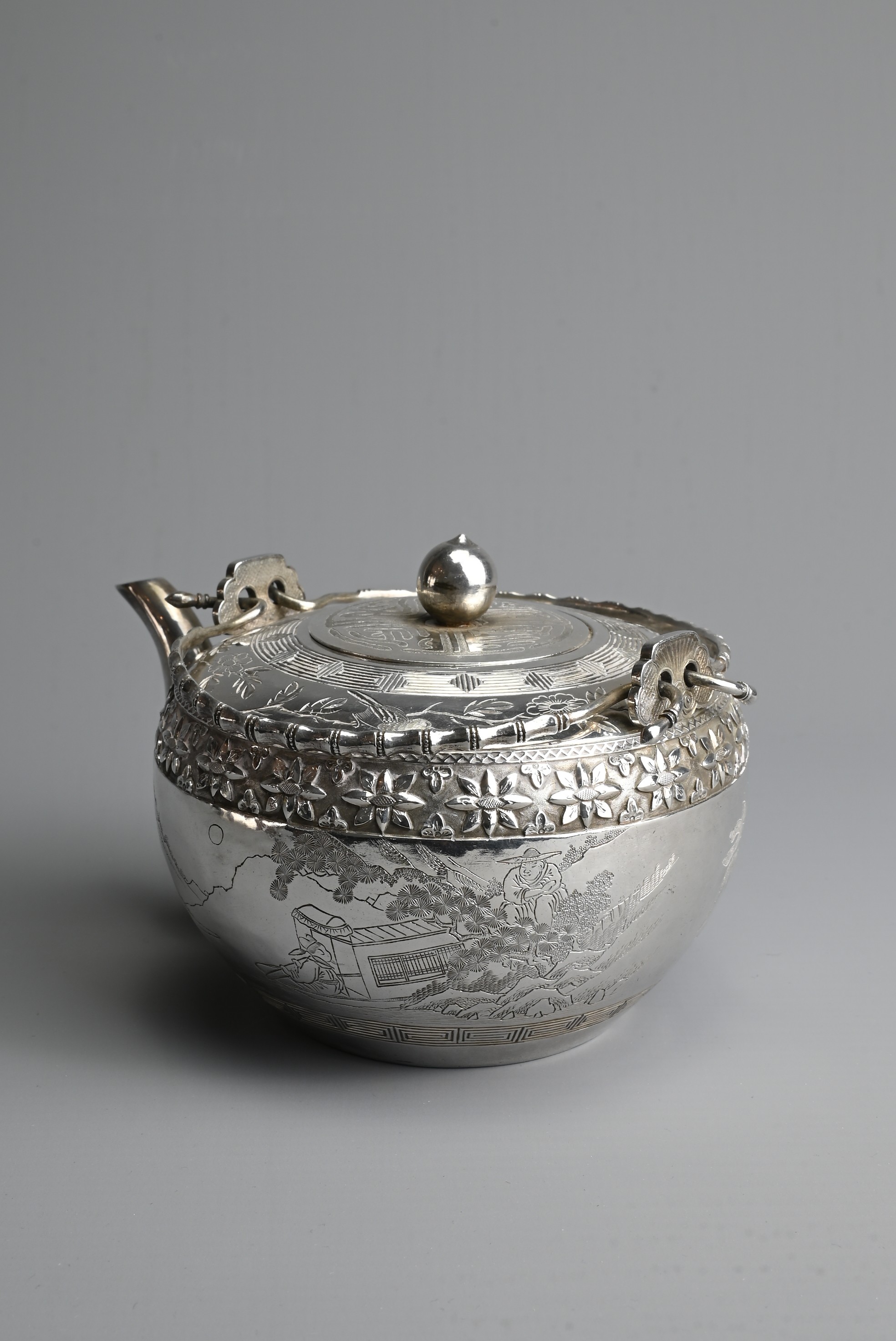 A FINE CHINESE SILVER TEAPOT, NANKING BAO QING, CIRCA 1900. Of globular form with two faux bamboo - Image 2 of 8