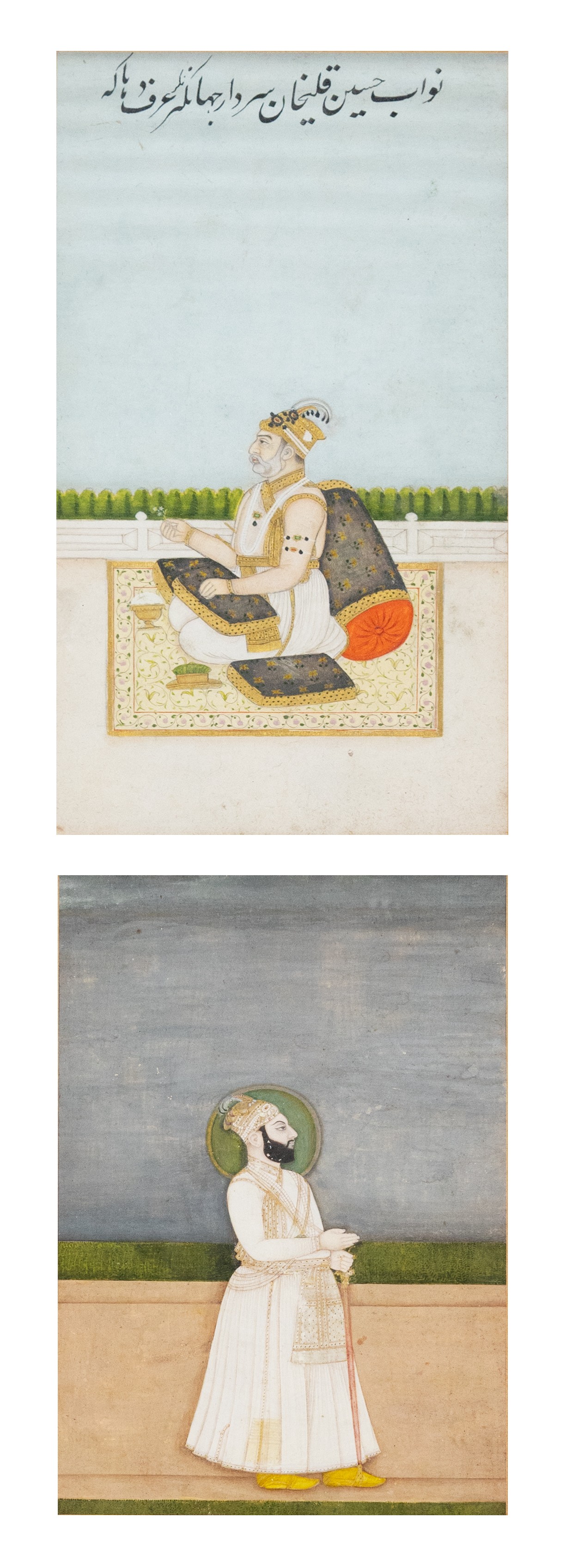 TWO 19TH CENTURY INDIAN MINIATURES. Gouache, heightened with gilding on paper, the first depicting a