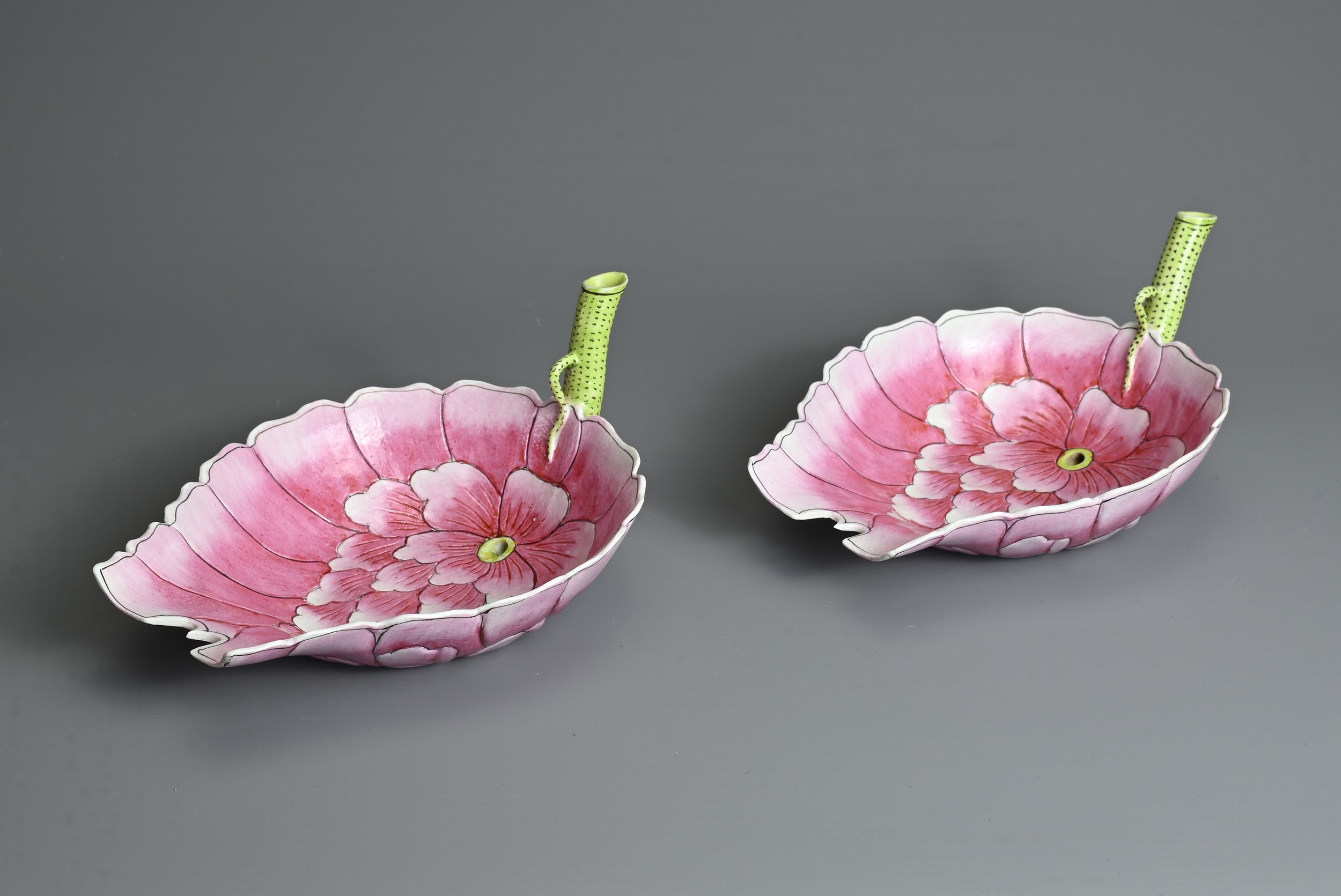 A PAIR OF CHINESE FAMILLE ROSE PORCELAIN LOTUS CUPS, GUANGXU MARK. Each cup in the form of a lotus