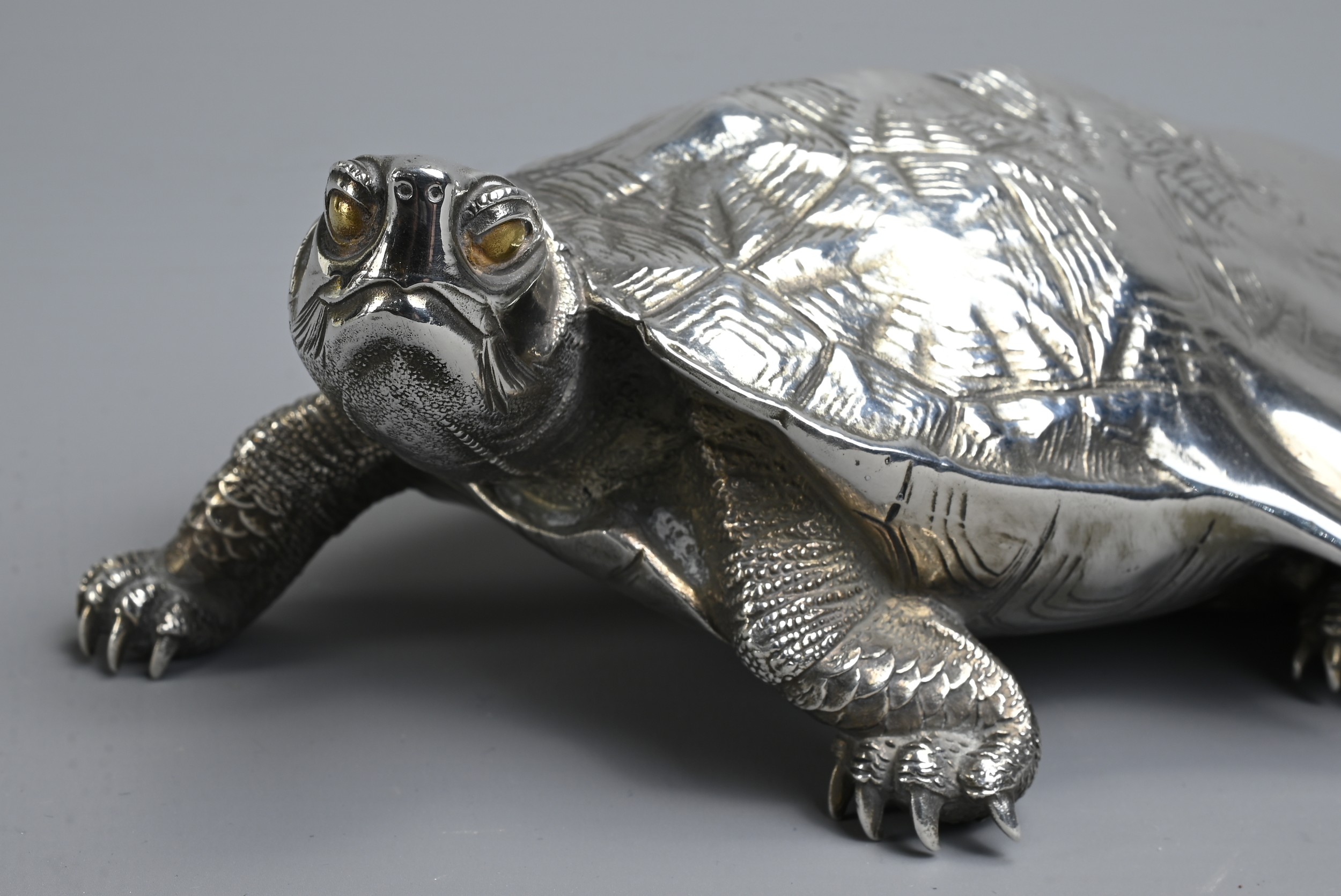 A 20TH CENTURY JAPANESE SILVER OKIMONO OF A MINOGAME. The mythical turtle depicted with a typical - Image 5 of 8