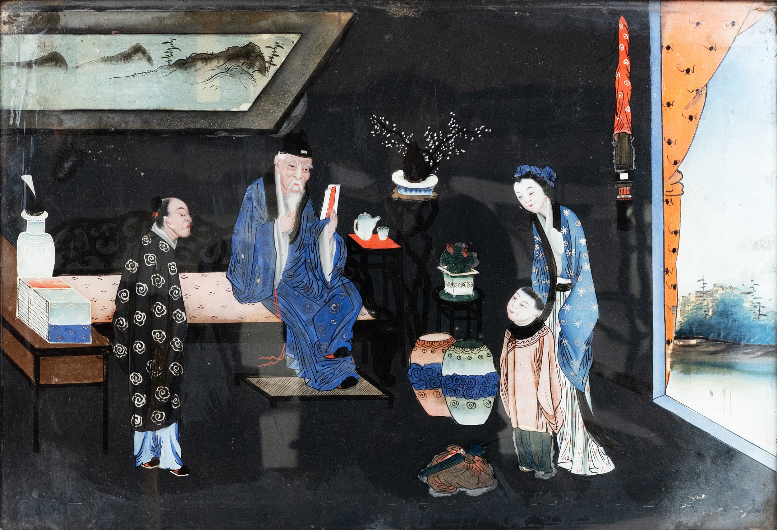 A LARGE CHINESE FRAMED REVISE GLASS PAINTING, LATE 19TH CENTURY. Depicting a boy with his mother