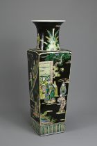 A LARGE CHINESE FAMILLE NOIRE SQUARE SECTION PORCELAIN VASE, 20TH CENTURY. Heavily potted with a