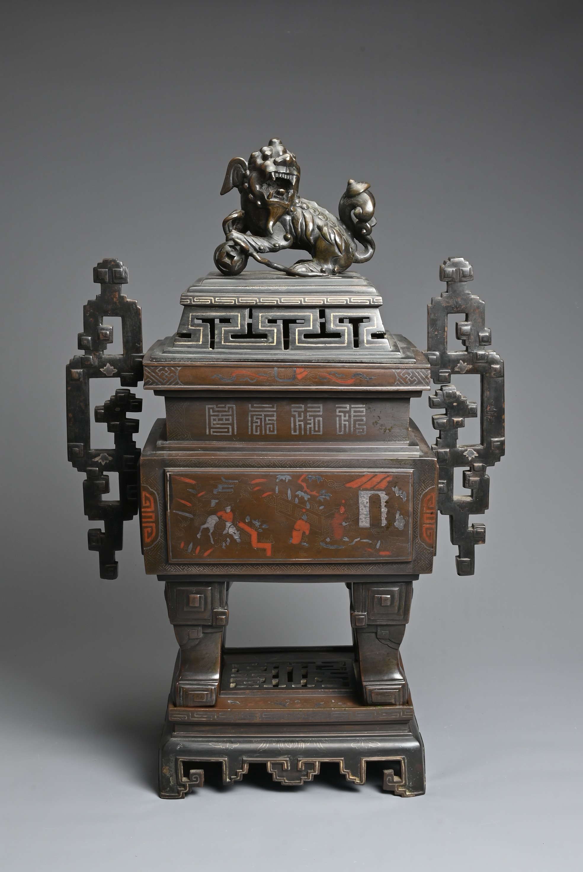 A LARGE AND IMPRESSIVE VIETNAMESE SILVER AND COPPER INLAID BRONZE CENSER ON STAND, 19/20TH