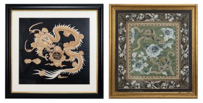 TWO CHINESE / JAPANESE FRAMED EMBROIDERED PANELS, 20TH CENTURY. To include a Chinese silk