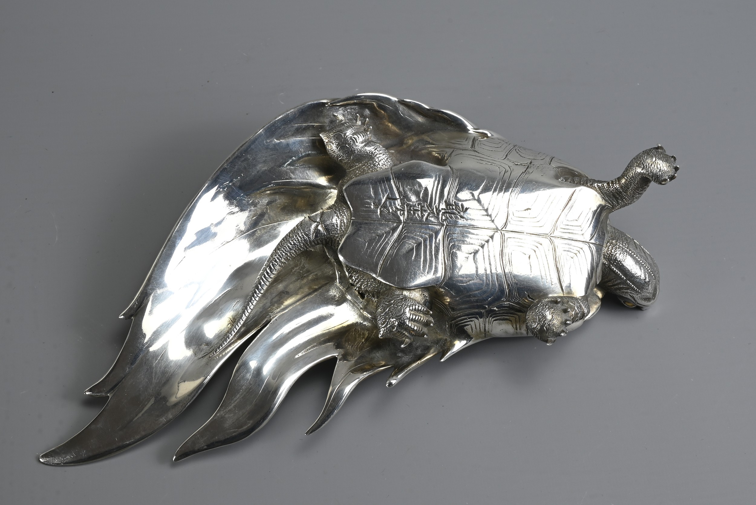 A 20TH CENTURY JAPANESE SILVER OKIMONO OF A MINOGAME. The mythical turtle depicted with a typical - Image 6 of 8