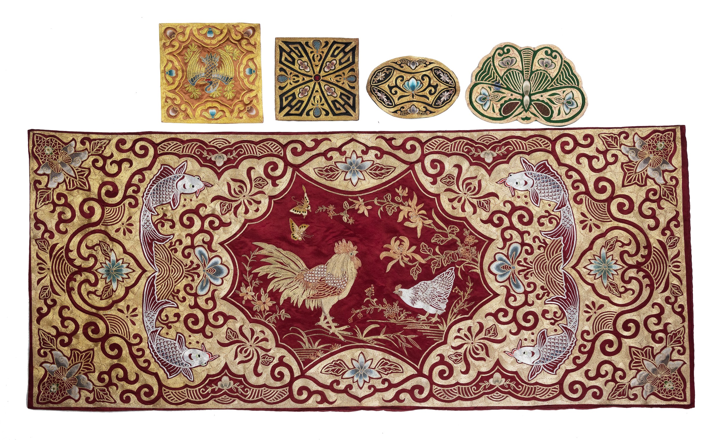A COLLECTION OF CHINESE EMBROIDERED SILK AND GOLD THREAD PANELS AND FRAGMENTS, 20TH CENTURY.
