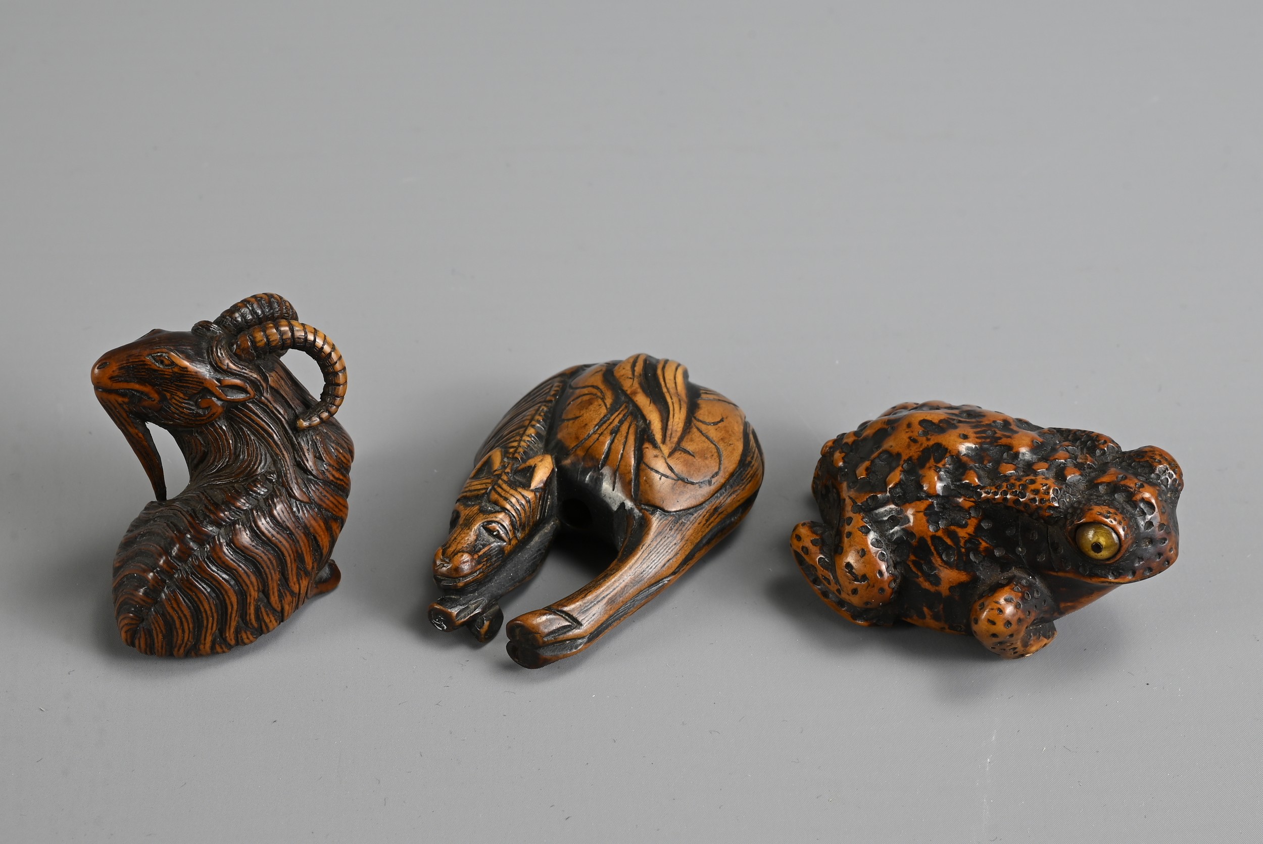 THREE 19TH CENTURY JAPANESE CARVED BOXWOOD NETSUKE. Comprising: a model of a goat, signed Kokei ( - Image 6 of 7