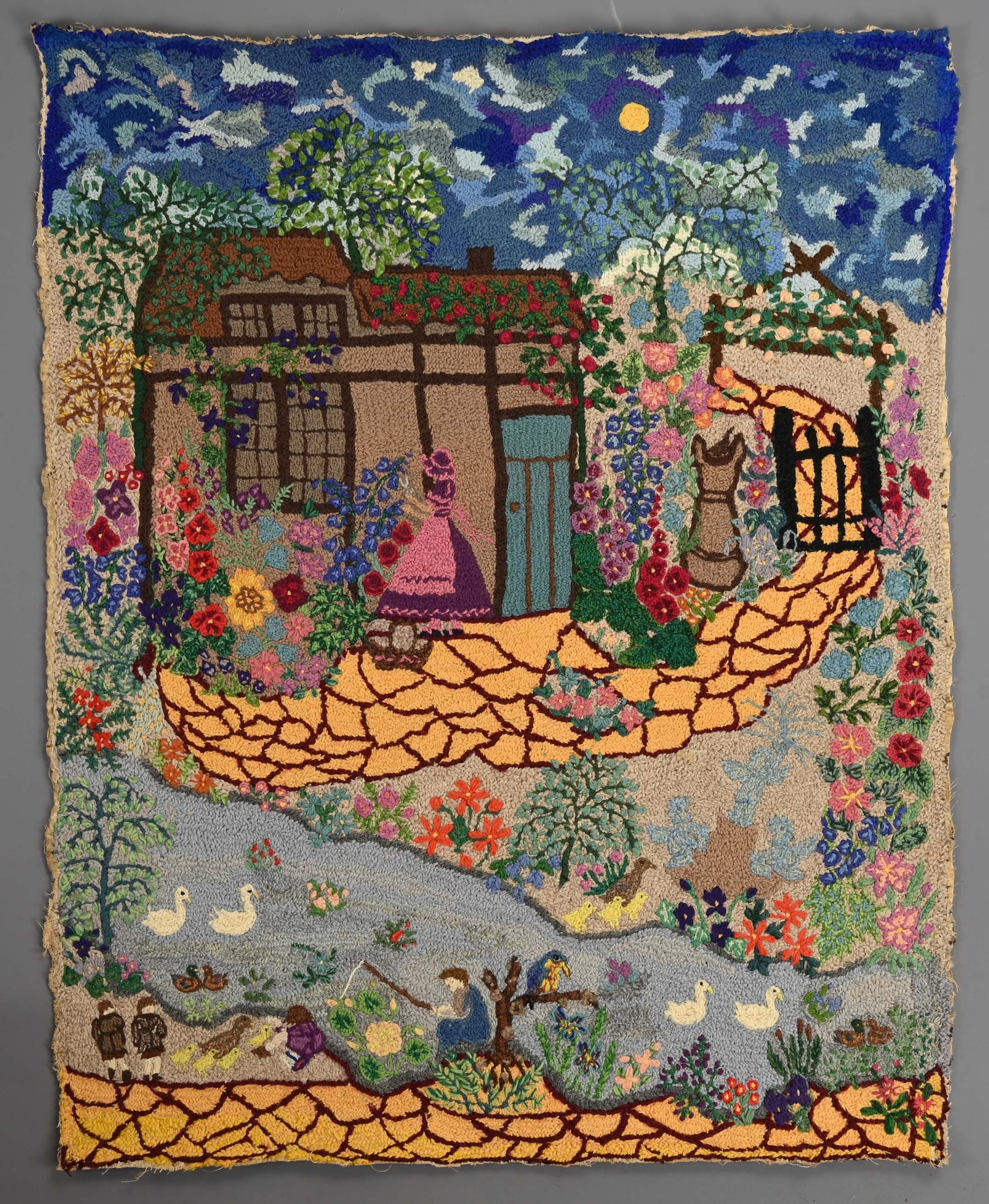 THREE EARLY 20TH CENTURY WOOL WORK AND SILK EMBROIDERED PICTURES. Depicting a couple in landscape - Image 4 of 7