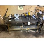 Work Bench Table and Contents, Dual Grinder, Vise, Metal Cutting Saw